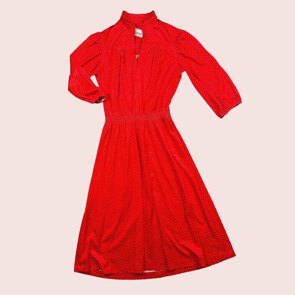 Vintage 1970s Chipper California Red & White Polka Dot High Neck Midi Dress